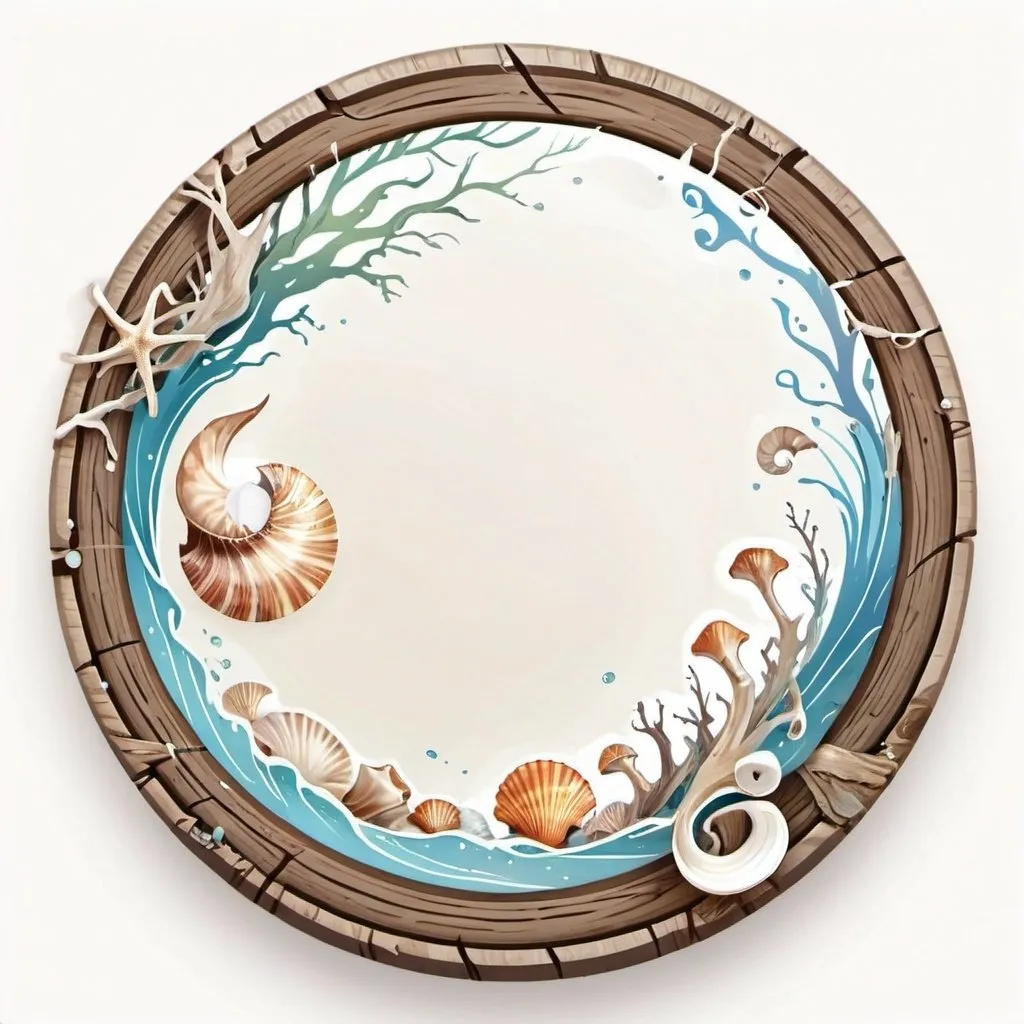 Prompt: a circle token, slim outer edge, outer edge adorned with driftwood style, empty inside the circle, white background, fantasy, seashell and music pattern illustration