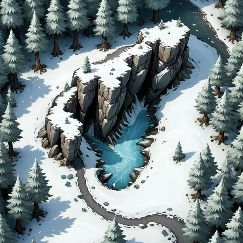 Prompt: Top-down view, snowy forest bluffs, DnD map, 2 dimensional, 2D