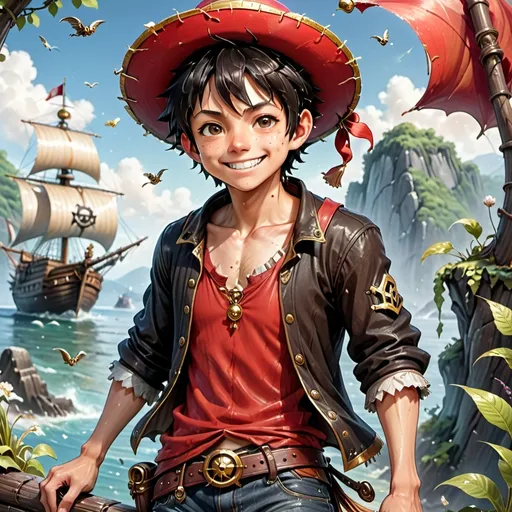 Prompt: A boy pirate, with a straw hat, a horizontal scar under 1 eye, smiling, short black hair, resembling Monkey D Luffy, DnD style, fantasy