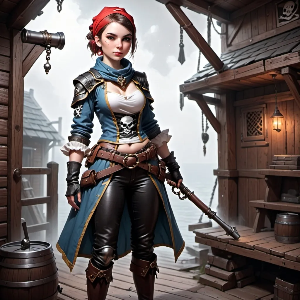 Prompt: pirate, cabin girl, bandana, female, standing, holding a blunderbuss, DnD style, fantasy