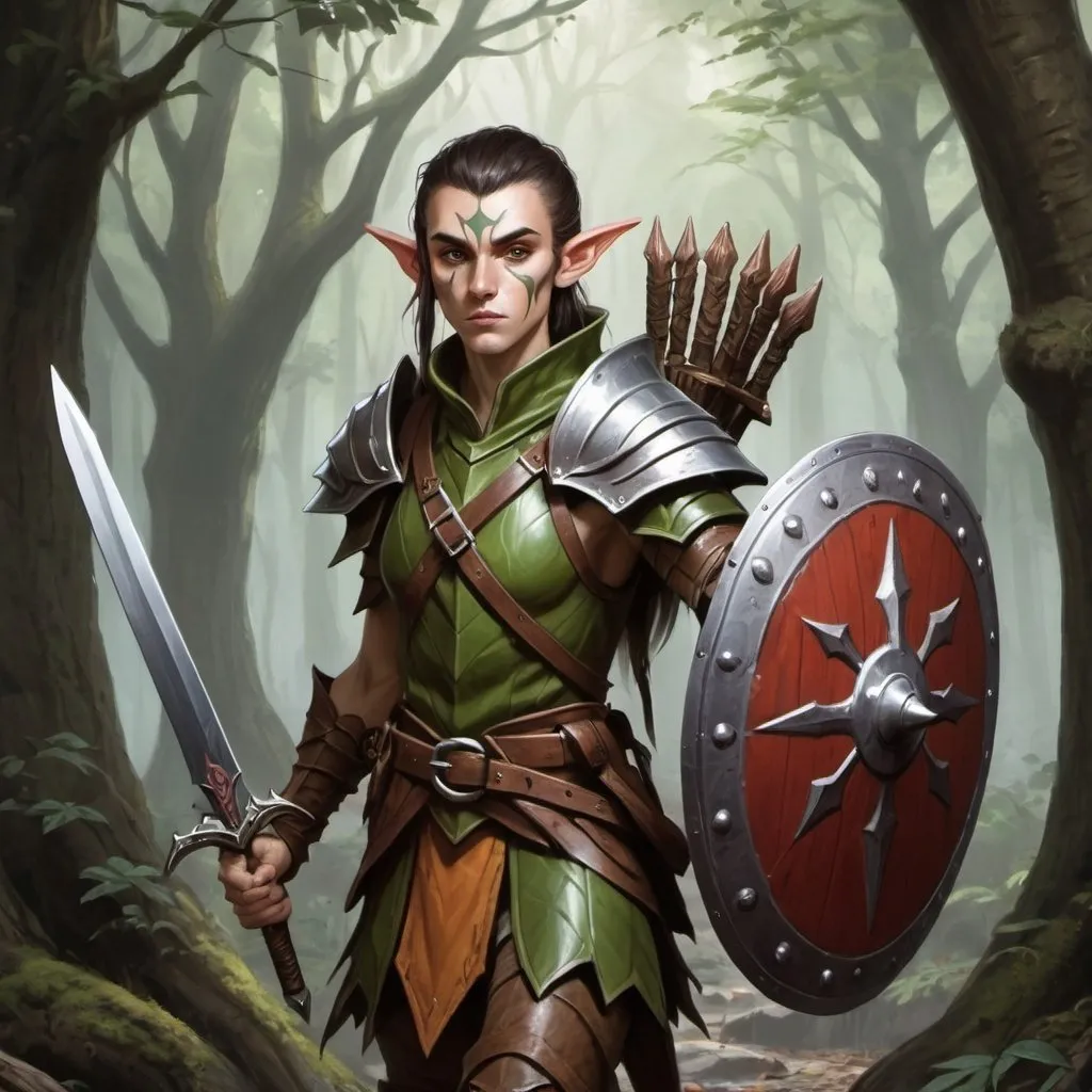 Prompt: A Dungeons and Dragons wood elf defender with a sword and shield