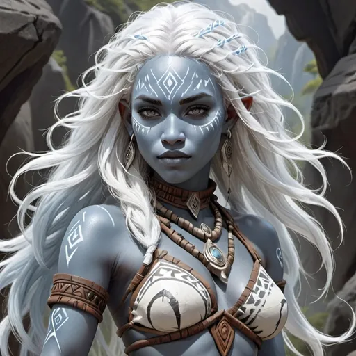 Prompt: Air Genasi, female, white flowing hair, light grey-blue skin and body skin, tribal markings on face, DnD art style, full portrait, fantasy