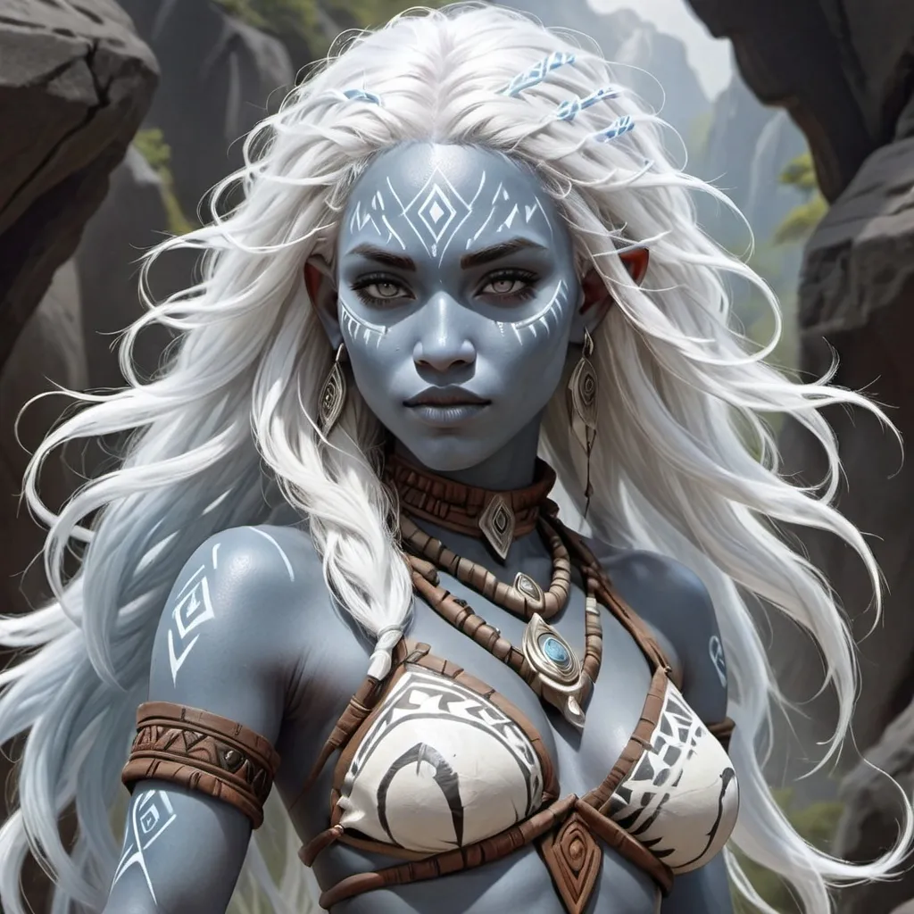 Prompt: Air Genasi, female, white flowing hair, light grey-blue skin and body skin, tribal markings on face, DnD art style, full portrait, fantasy