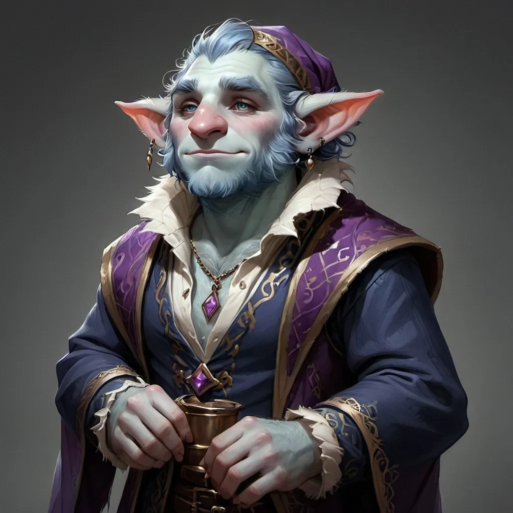 Prompt: Male Firbolg jewler in fancy clothes in a DnD art style