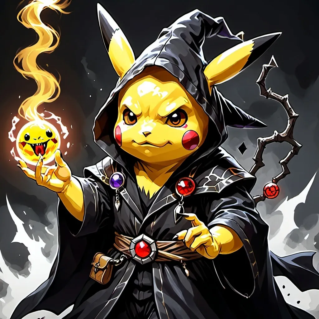 Prompt: Pikachu drawn in a DnD art style as an evil warlock in a black robe in a DnD style background