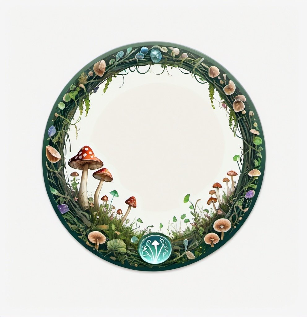 Prompt: A circle token, slim outer edge, outer edge adorned with nature style, empty inside the circle, white background, fantasy, mushroom pattern illustration