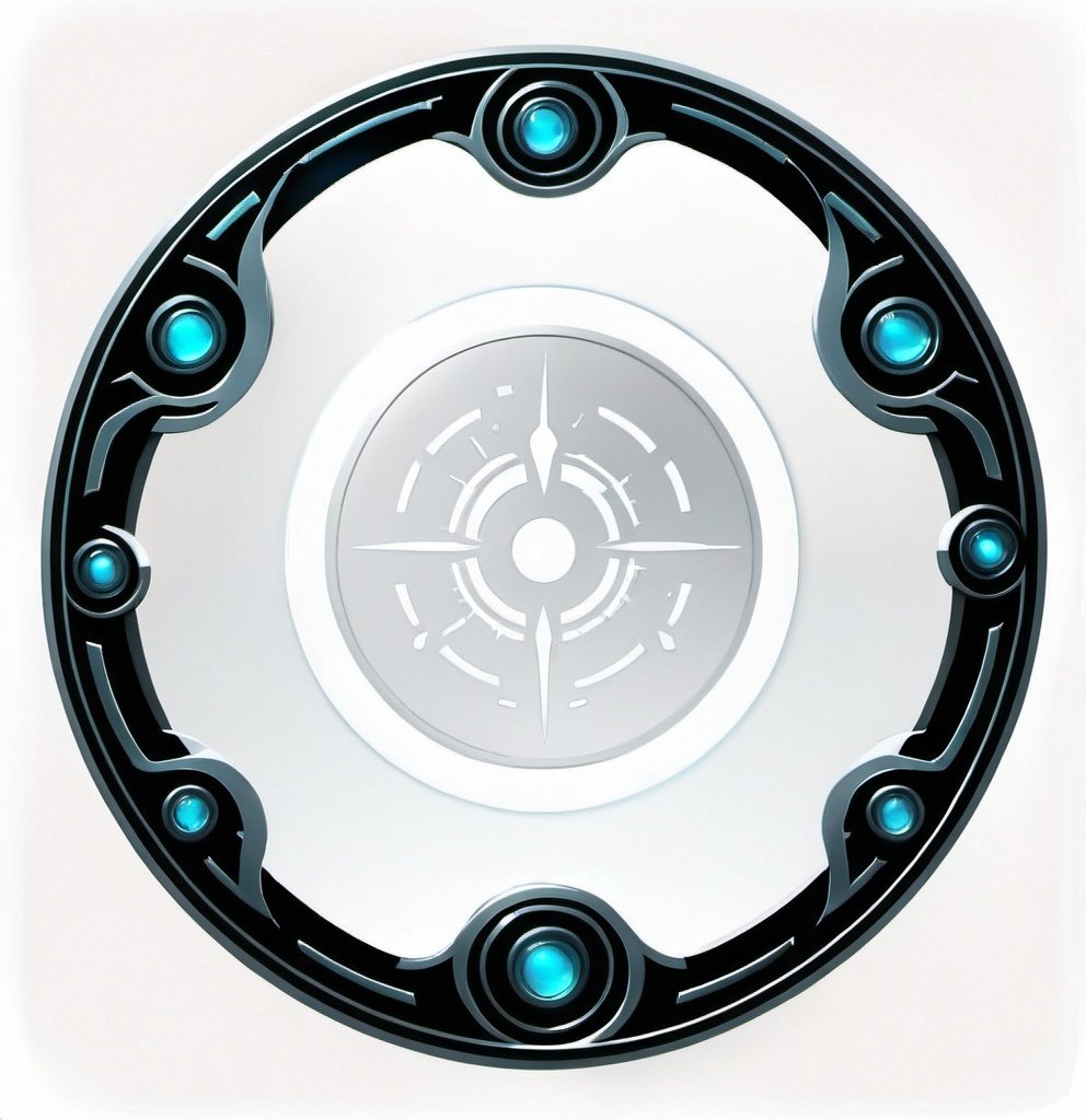 Prompt: A circle token, slim outer edge, outer edge adorned with sci-fi style, empty inside the circle, white background, fantasy, white metal pattern illustration