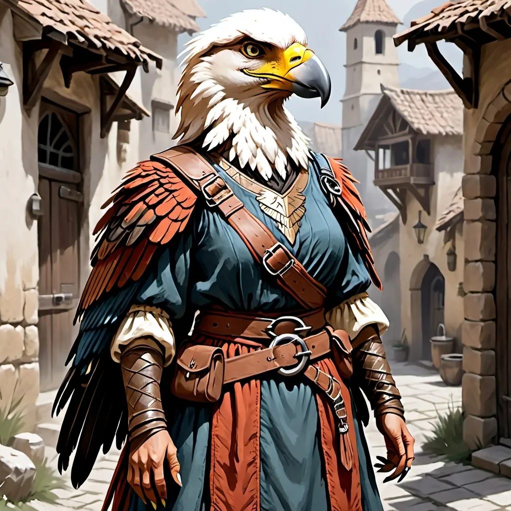 Prompt: Aarakocra, female, townsfolk clothes, DnD style