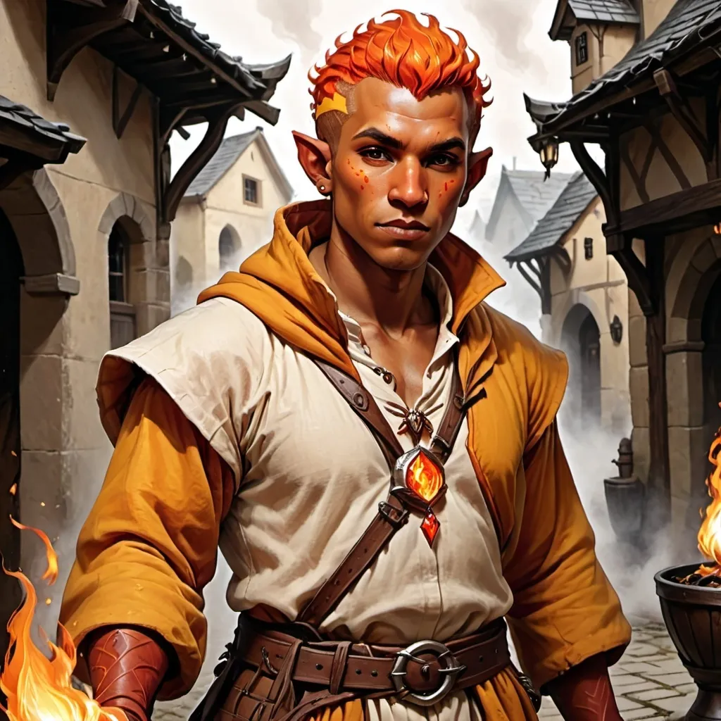 Prompt: Fire Genasi, male, tan skin, townsfolk clothes, DnD style