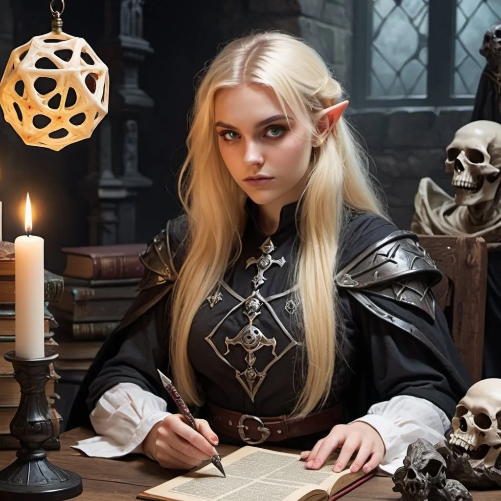 Prompt: Dungeons and dragons, young college blonde woman that studies necromancy wizardry