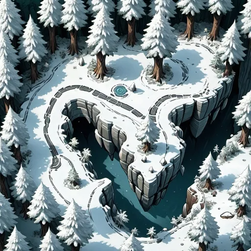 Prompt: Top-down view, snowy forest bluffs, DnD map, 2 dimensional, 2D