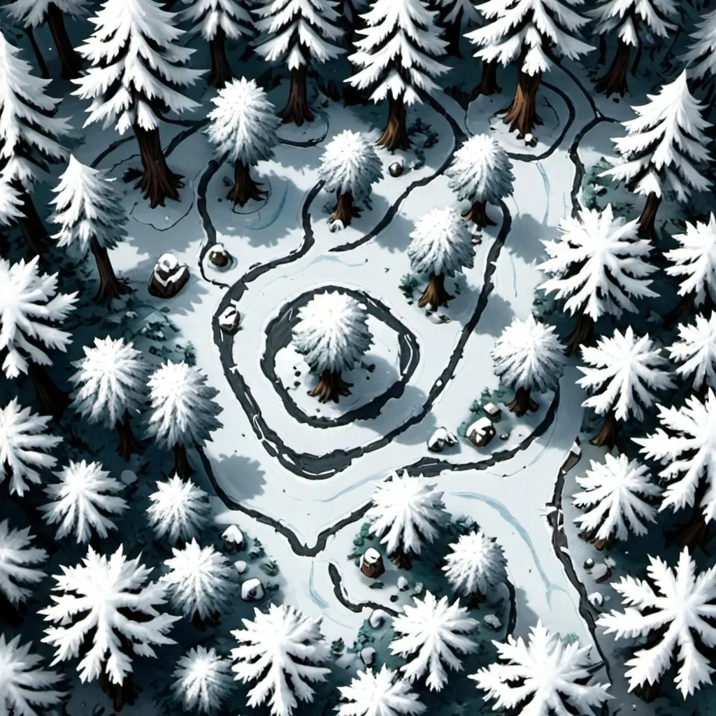 Prompt: Top-down view, snowy forest, DnD map, 2 dimensional, 2D