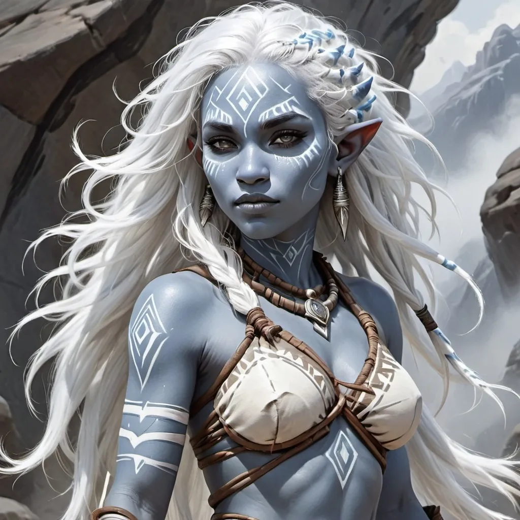 Prompt: Air Genasi, female, white flowing hair, light grey-blue skin and body skin, tribal markings on face, DnD art style, fantasy