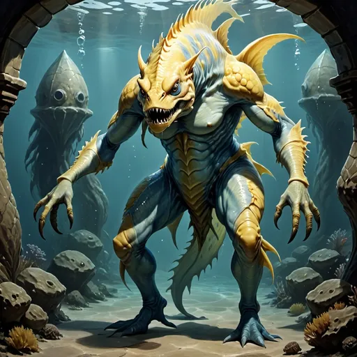 Prompt: Aquatic, fish monster, arms and legs, yellowish-blue, from Shadowfell in DnD, Dnd style