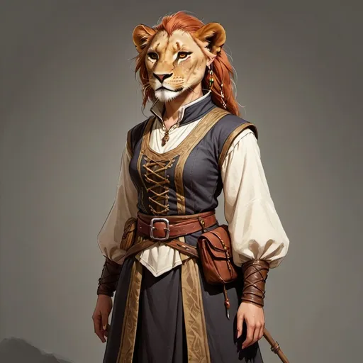 Prompt: Leonin, female, townsfolk clothes, DnD style