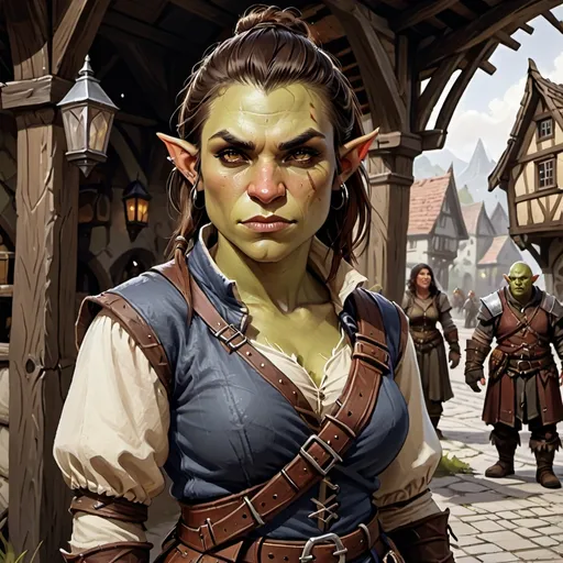 Prompt: Half-Orc, female, townsfolk clothes, DnD style