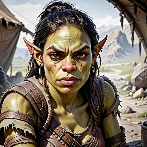 Prompt: female orc, haggard refugee, exhausted, looks like Rosario Dawson, Dnd style, fantasy, character portrait