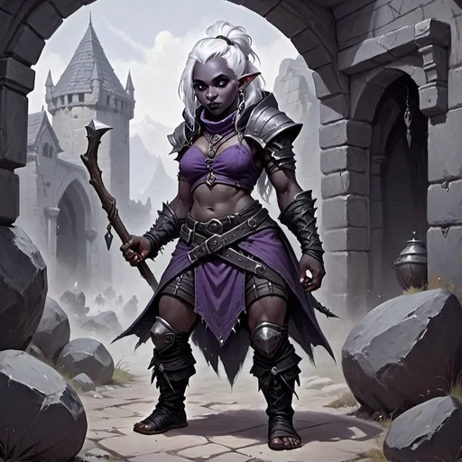 Prompt: Duergar, female, drow skin white punk rock hair, short and stocky like a dwarf, standing, gruff thug, long snout, mean, DnD style, fantasy