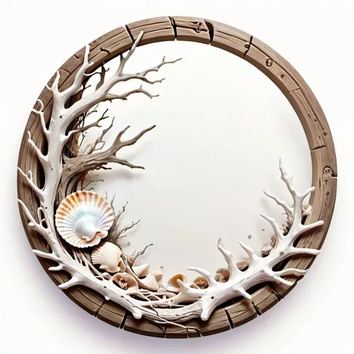 Prompt: a circle token, slim outer edge, outer edge adorned with driftwood style, empty inside the circle, white background, fantasy, seashell and music pattern illustration