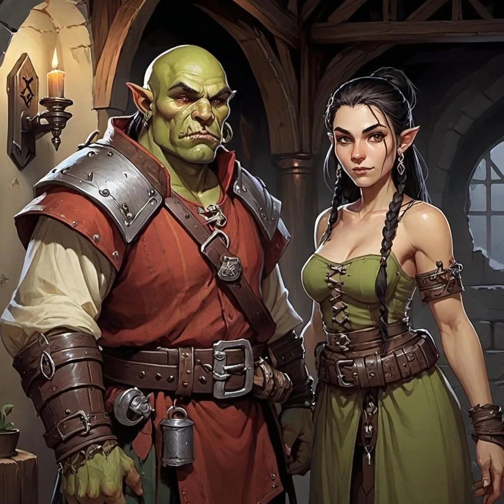 Prompt: Dungeons and dragons half-orc innkeeper and server with deadlocks