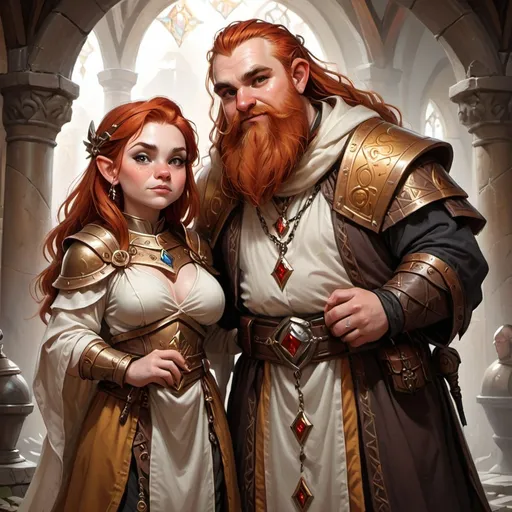 Prompt: a burly redhead female dwarf priestess with a timid young adult human male priest, in a dnd style