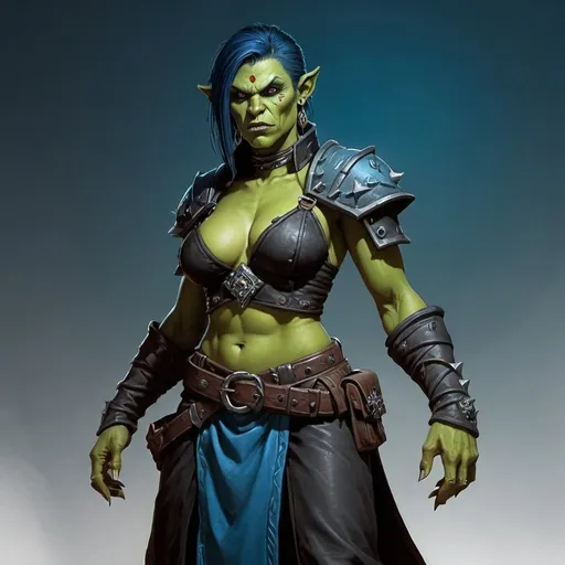 Prompt: dungeons and dragons female green orc cultist beast master, standing, in black leather with blue trim