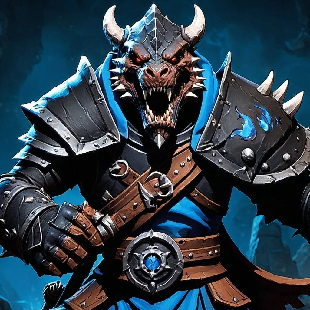 Prompt: dungeons and dragons dragonborn cultist berserker in black armor with blue trim