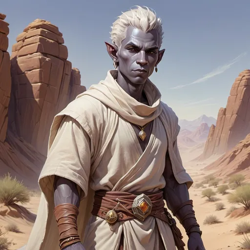 Prompt: DnD male Earth Genasi with gray stone-like skin complexion in desert clothes,  in a DnD art style