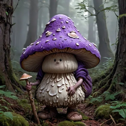 Prompt: Mushroomkin, purple, adult, convex cap, fungal stock, druid, face, arms, legs, holding a staff, nature scenery, fantasy, character portrait