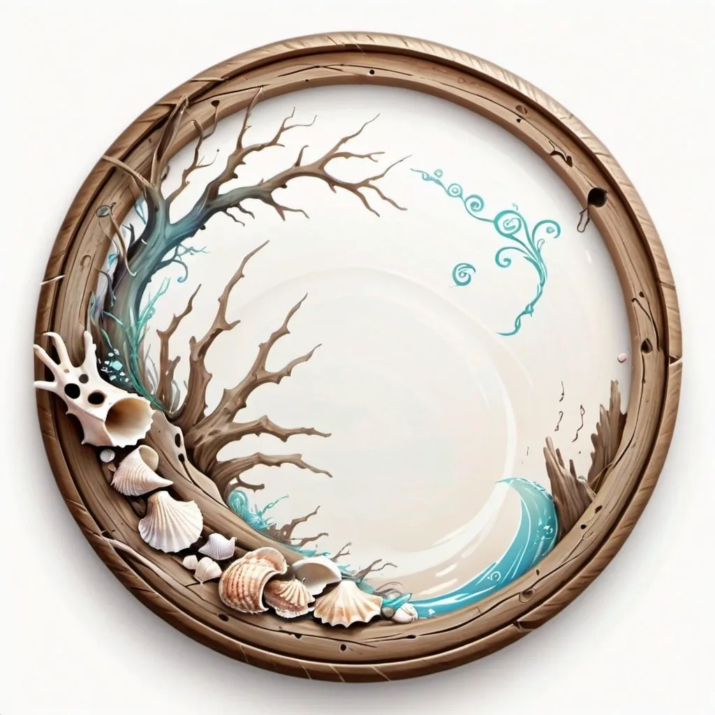 Prompt: a circle token, slim outer edge, outer edge adorned with driftwood style, empty inside the circle, white background, fantasy, seashell and music pattern illustration