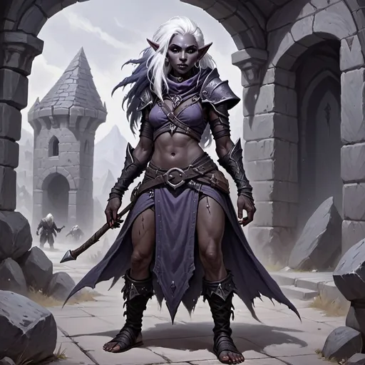 Prompt: Duergar, female, drow skin white punk rock hair,  standing, gruff thug, long snout, mean, DnD style, fantasy