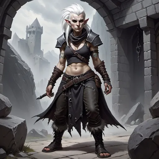 Prompt: Duergar, female, white punk rock hair,  standing, gruff thug, long snout, mean, DnD style, fantasy