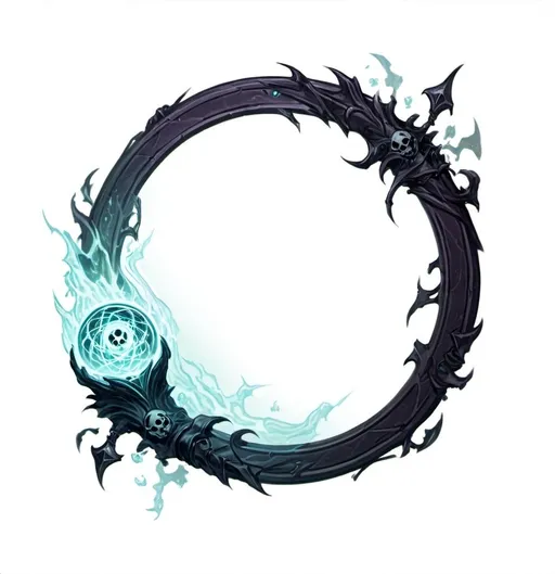 Prompt: A circle token, slim outer edge, outer edge adorned with necromancer style, empty inside the circle, white background, fantasy, necromancer pattern illustration