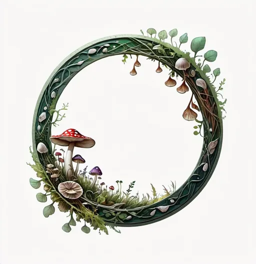 Prompt: A circle token, slim outer edge, outer edge adorned with nature style, empty inside the circle, white background, fantasy, mushroom pattern illustration