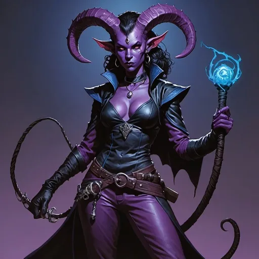 Prompt: dungeons and dragons purple female tiefling cultist beast master, standing, in black leather with blue trim, and a whip with thorns