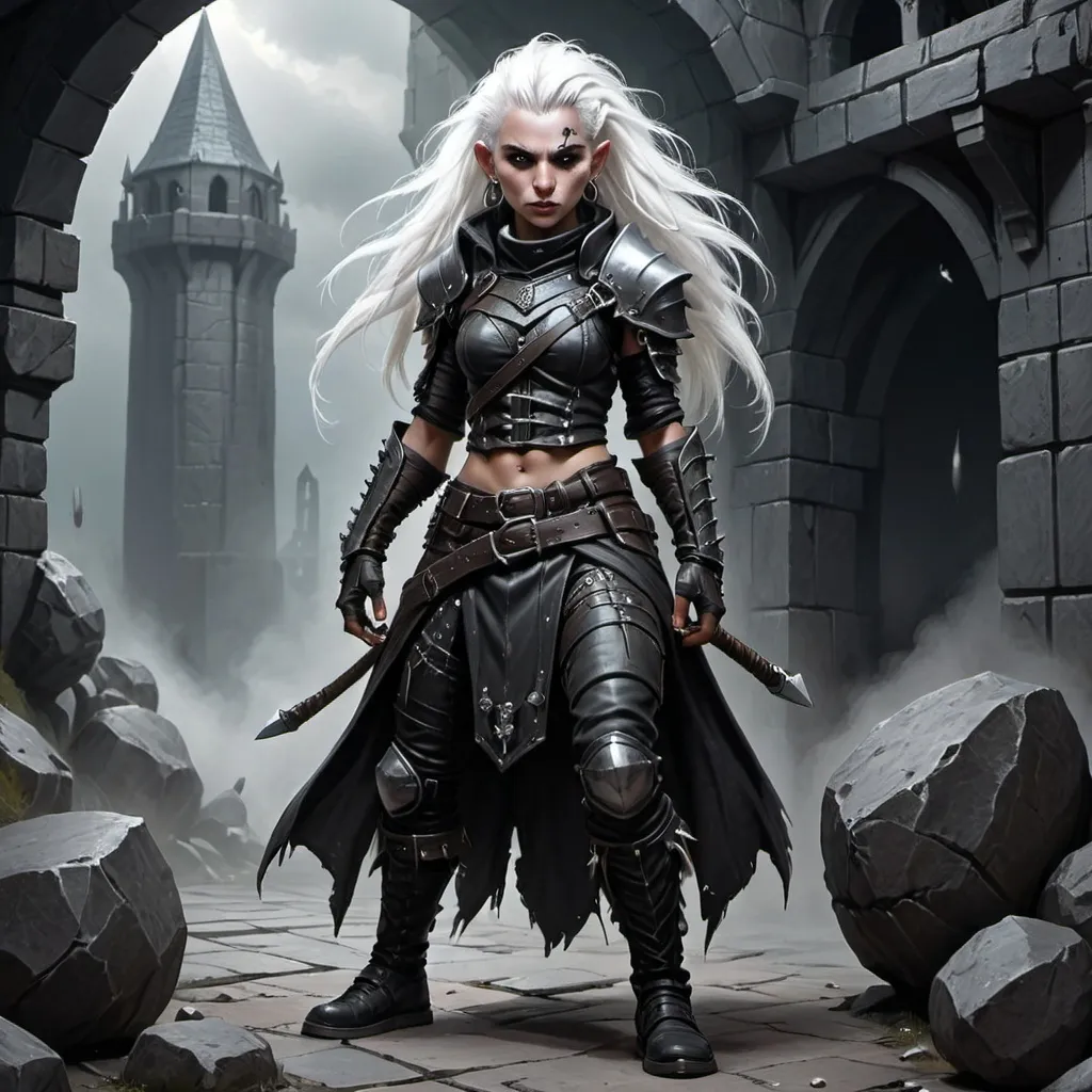 Prompt: Duergar, female, white punk rock hair,  standing, gruff thug, long snout, mean, DnD style, fantasy