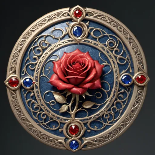 Prompt: An amulet with the sapphire gem etched with the design of a red rose in full bloom, the petals spiraled into a veil-like swirl, with thorned vines coiled beneath.