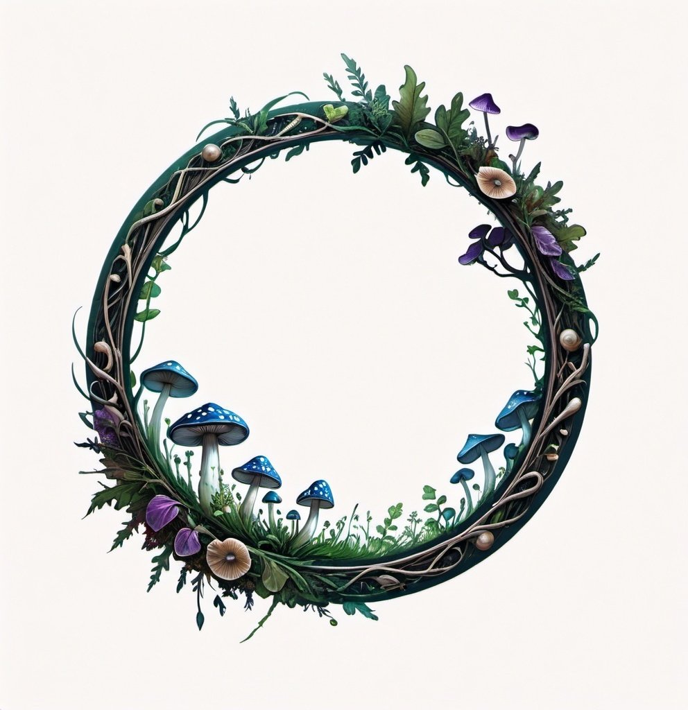 Prompt: A circle token, slim outer edge, outer edge adorned with nature style, empty inside the circle, white background, fantasy, mushroom pattern illustration