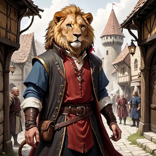 Prompt: Leonin, male, townsfolk clothes, DnD style