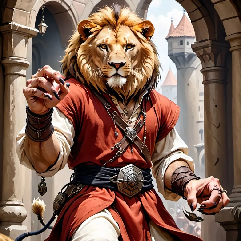 Prompt: Leonin, male, hands with lion claws, townsfolk clothes, DnD style