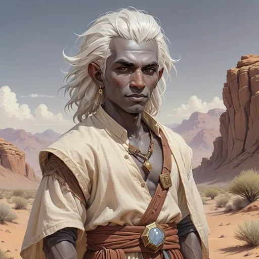 Prompt: DnD tenn aged male Earth Genasi with gray stone-like skin complexion and white hair and wearing desert clothes,  in a DnD art style