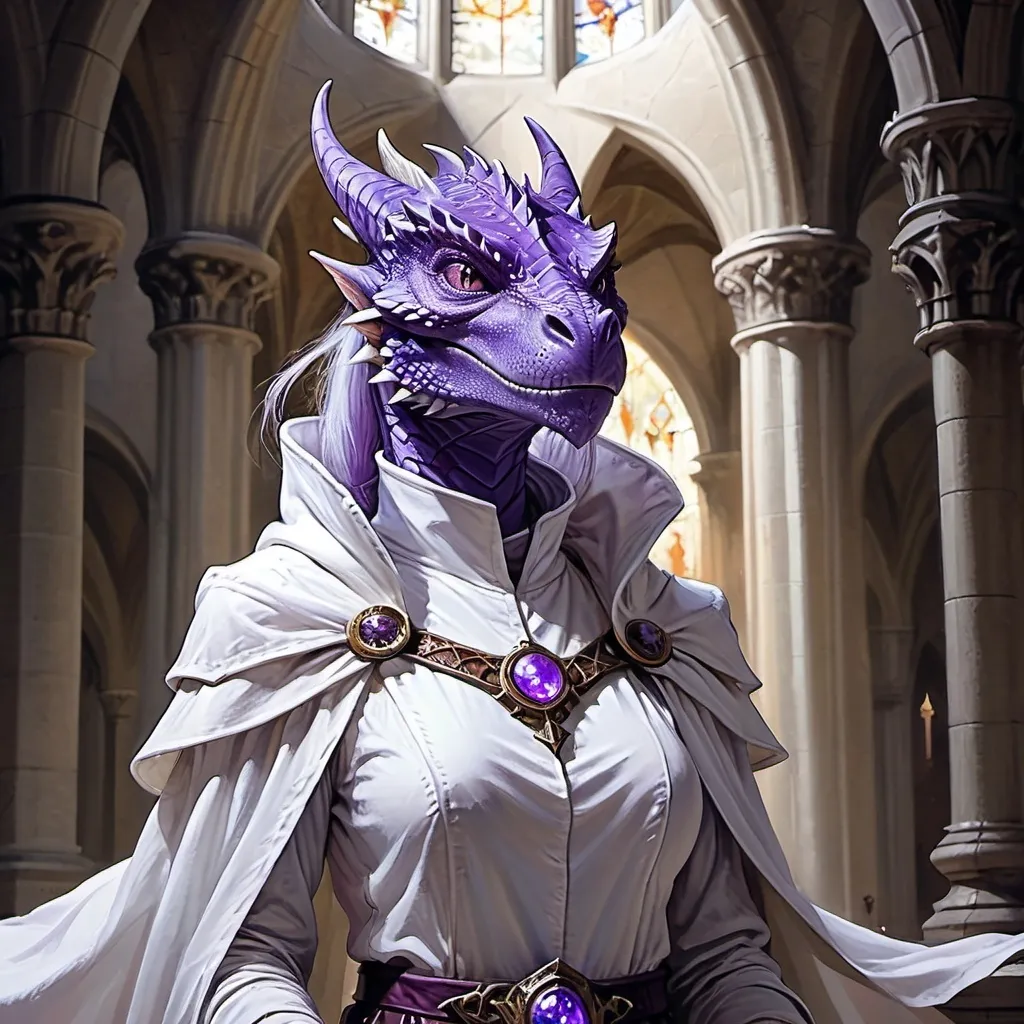 Prompt: Purple Dragonborn Female, holy cleric, white robes, inside a cathedral, fantasy art, epic fantasy character art, a full character portrait