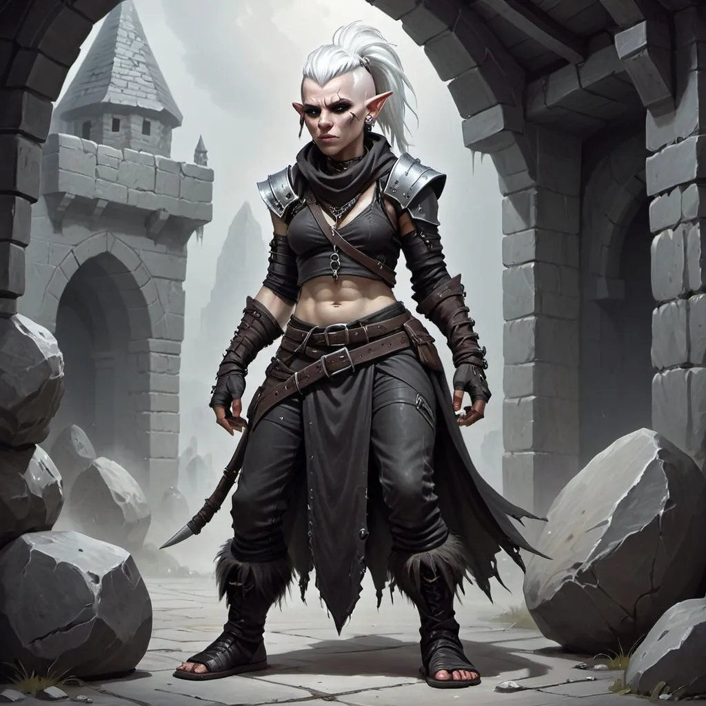 Prompt: Duergar, female, white punk rock hair,  standing, gruff thug, long snout, mean, DnD style, fantasy