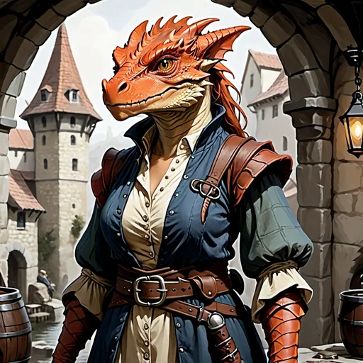 Prompt: Dragonborn, female, townsfolk clothes, DnD style