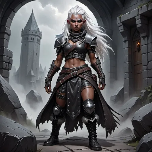 Prompt: Duergar, female, white punk rock hair,  standing, gruff thug, long snout, mean, DnD style, fantasy