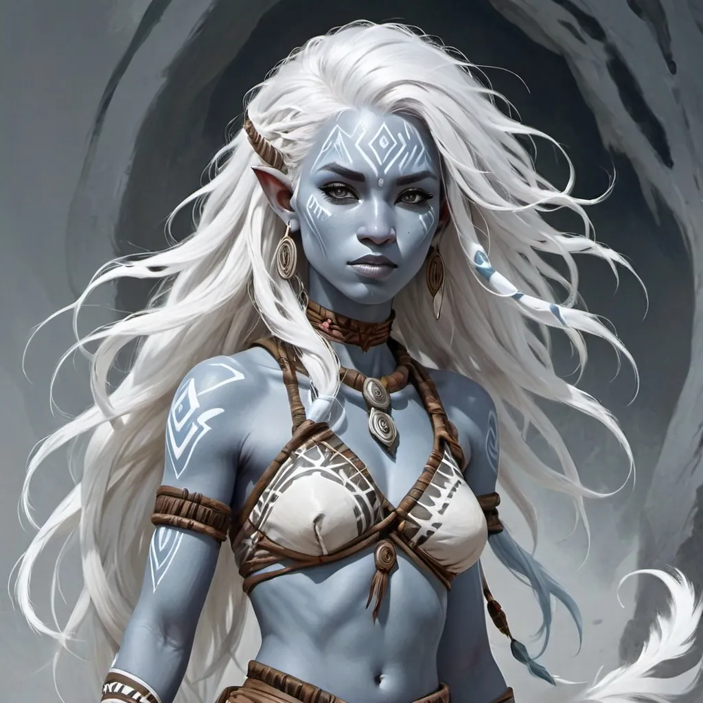 Prompt: Air Genasi, female, white flowing hair, light grey-blue skin and body skin, tribal markings on face, DnD art style, full portrait, fantasy