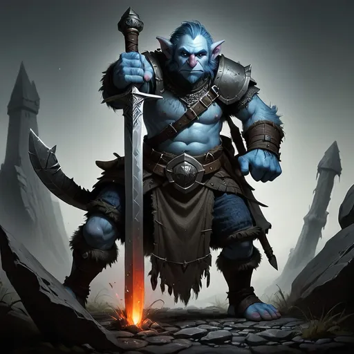 Prompt: A gruff and dirty evil male blue Firbolg wearing a chainmail shirt and wielding an evil greatsword, in a DnD character style