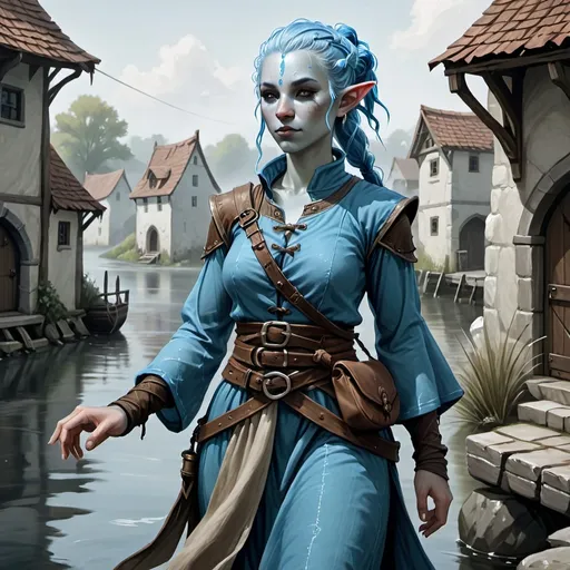 Prompt: Water Genasi, female, townsfolk clothes, DnD style