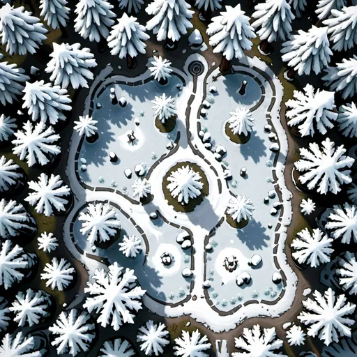 Prompt: Top-down view, snowy forest, DnD map, 2 dimensional, 2D