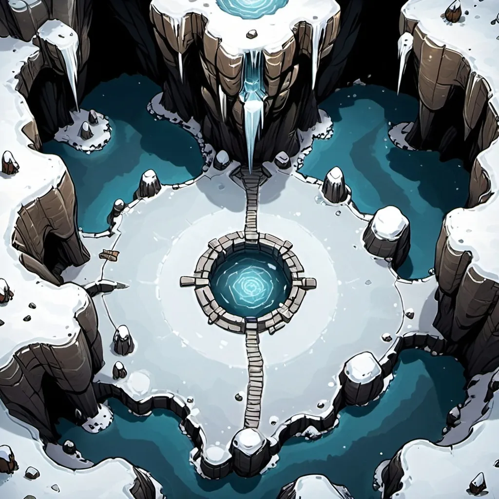 Prompt: Top-down view, snowy cave, DnD map, 2 dimensional, 2D